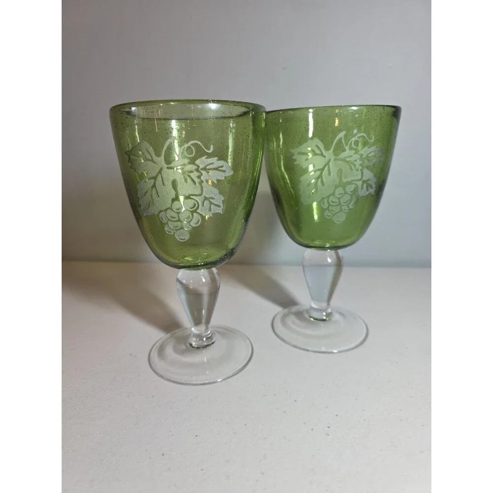 Block Basics Hand Made in Japan 2 Green Wine Glasses with Etched Grape Design